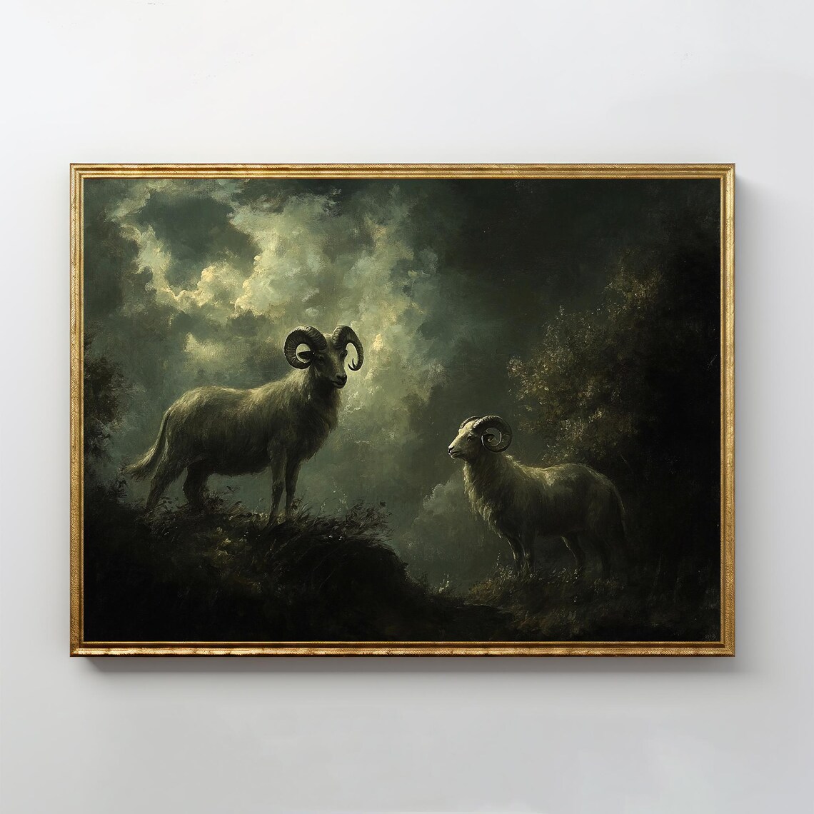 Majestic Rams At Dusk Vintage Dark Moody Wildlife Art Poster