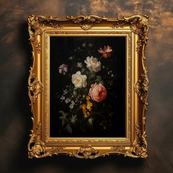 Classic Floral Still Life Rose Bouquet Vintage Painting Botanical Wall Art Dark Academia
