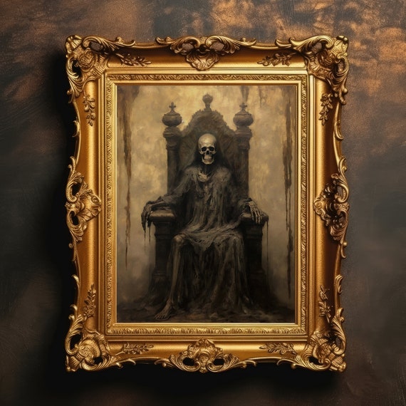 Skeleton Throne Gothic Skull Wall Art Dark Academia Goth Decor Antique Oil Painting Macabre Vintage