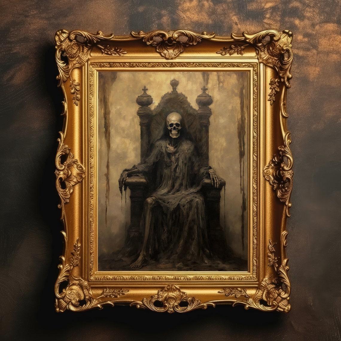 Skeleton Throne Gothic Skull Wall Art Dark Academia Goth Decor Antique Oil Painting Macabre Vintage