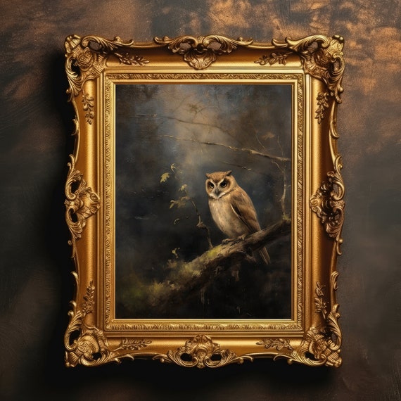 Moody Owl Perched Forest Landscape Dark Academia Vintage Painting Fine Bird Art Gothic Room Decor