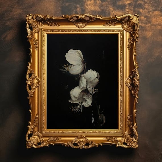 White Lily Painting Dark Floral Print Academia Gothic Botanical Wall Art Still Life Decor