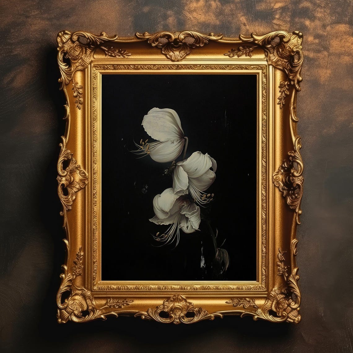 White Lily Moody Still Life Black Background Floral Art Poster