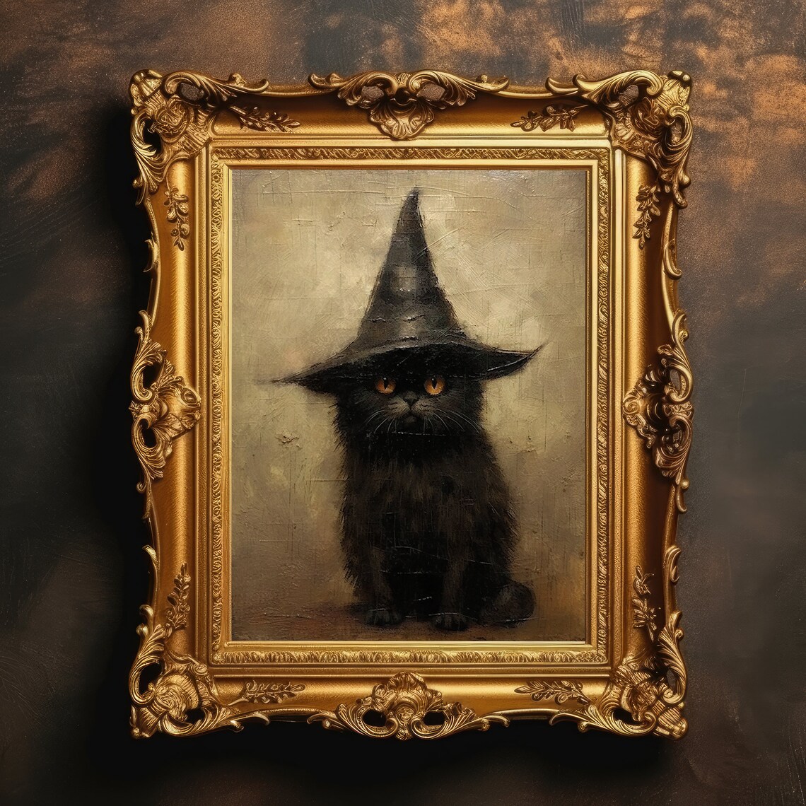 Cat Witch Hat Halloween Decor, Vintage Macabre Art Print