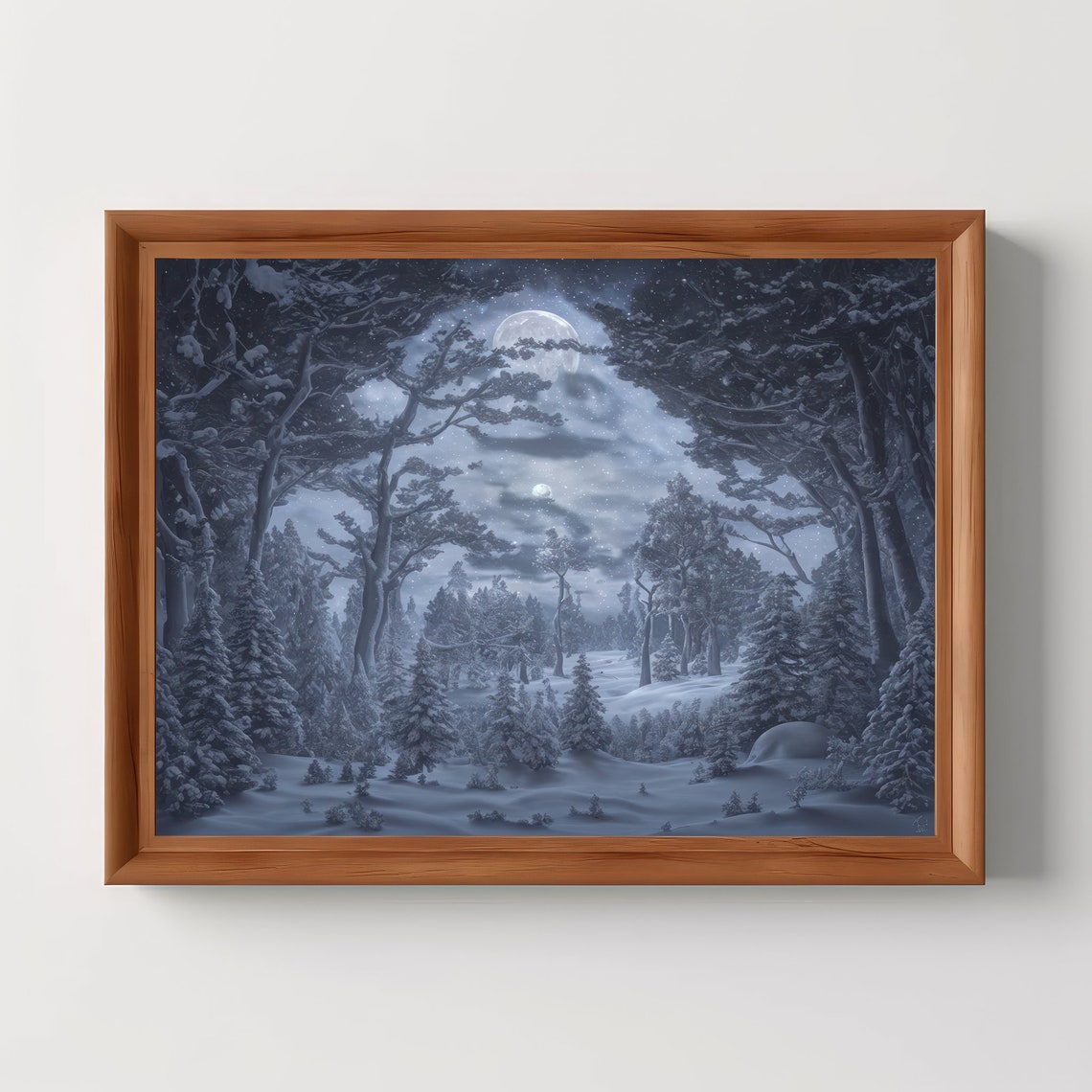 Moonlit Snowy Winter Forest Night Vintage Painting Style Poster