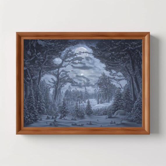 Moonlit Snowy Winter Forest Night Vintage Painting Style Poster