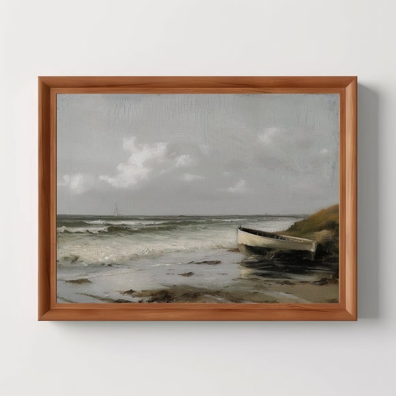 Seascape Boat Muted Vintage Coastal Print Summer Decor Nautical Waves Moody Wall Art Digitral