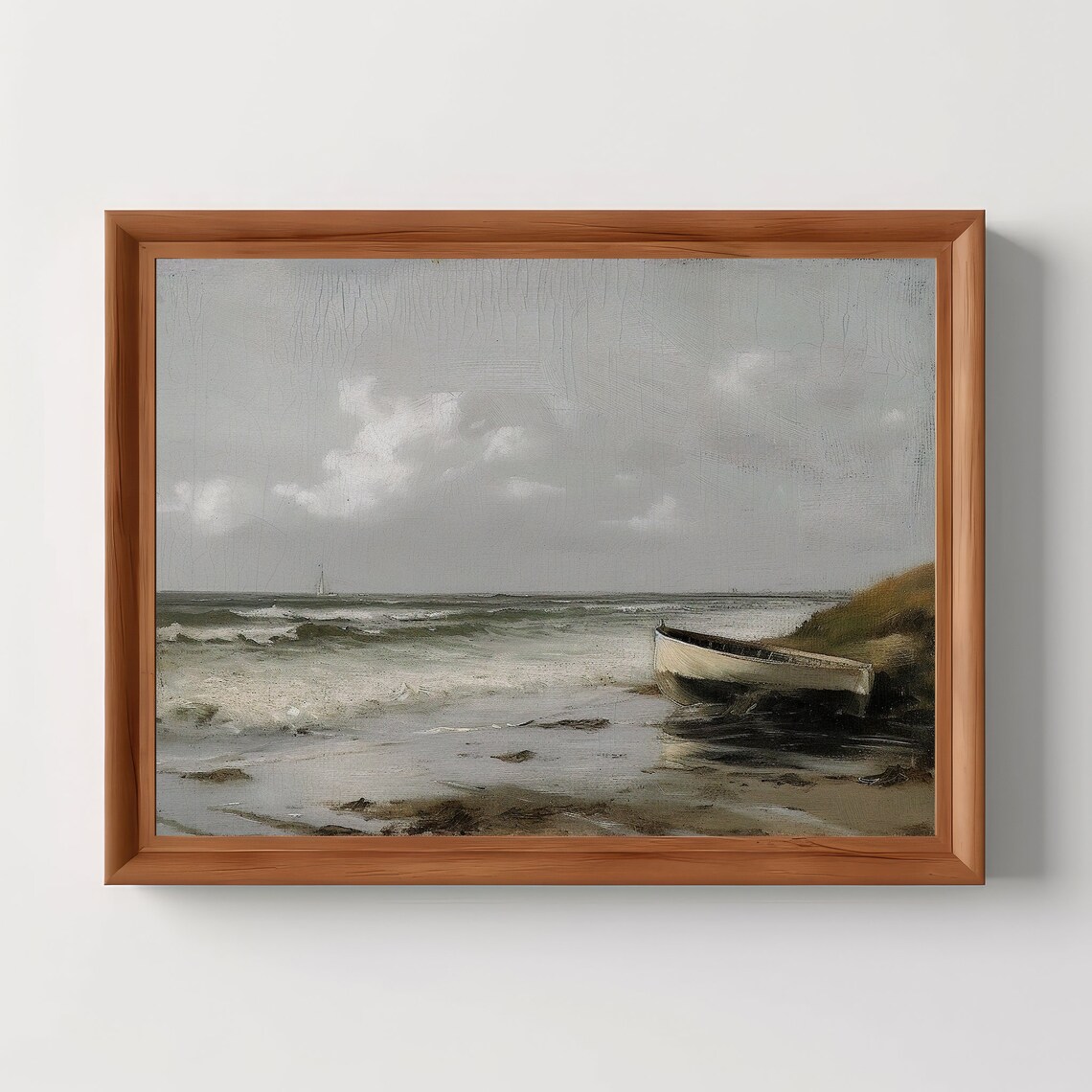 Beached Rowboat On A Moody Grey Shoreline Vintage Seascape Oil Poster