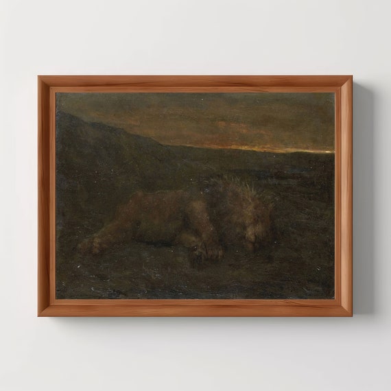 Sleeping Lion Antique Oil Painting Vintage Animal Wall Art Dark Academia Moody Home Decor