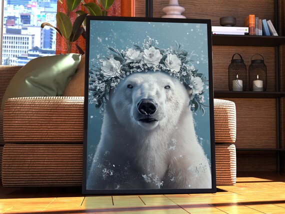 Maximalist Polar Bear Poster Floral Animal Print Wall Art Portrait Vintage Funky Colourful