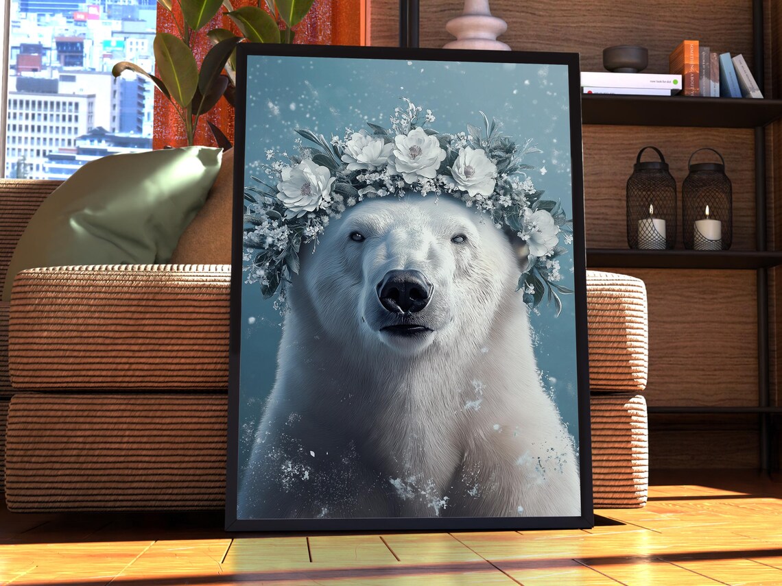 Arctic Polar Bear Wearing a Winter Floral Crown Portrait Poster