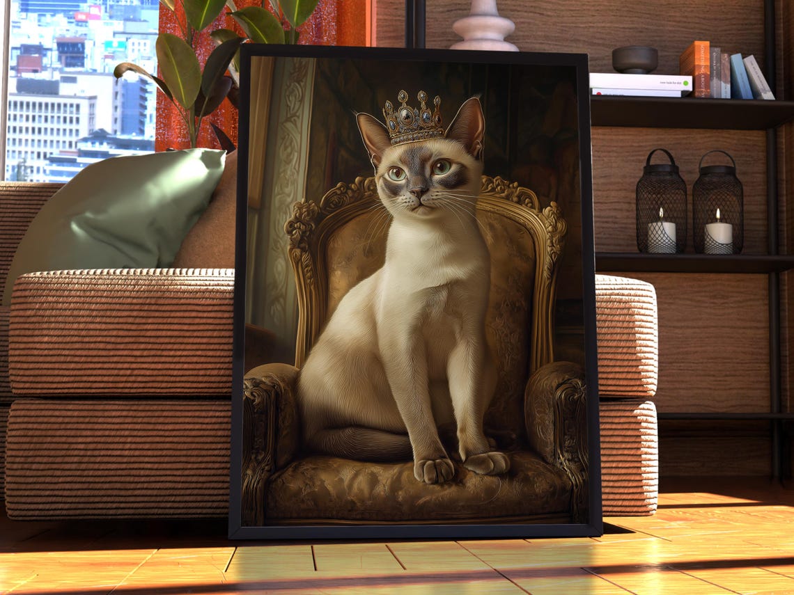 Elegant Crowned Pointed Cat Royal Throne Portrait Pet Poster