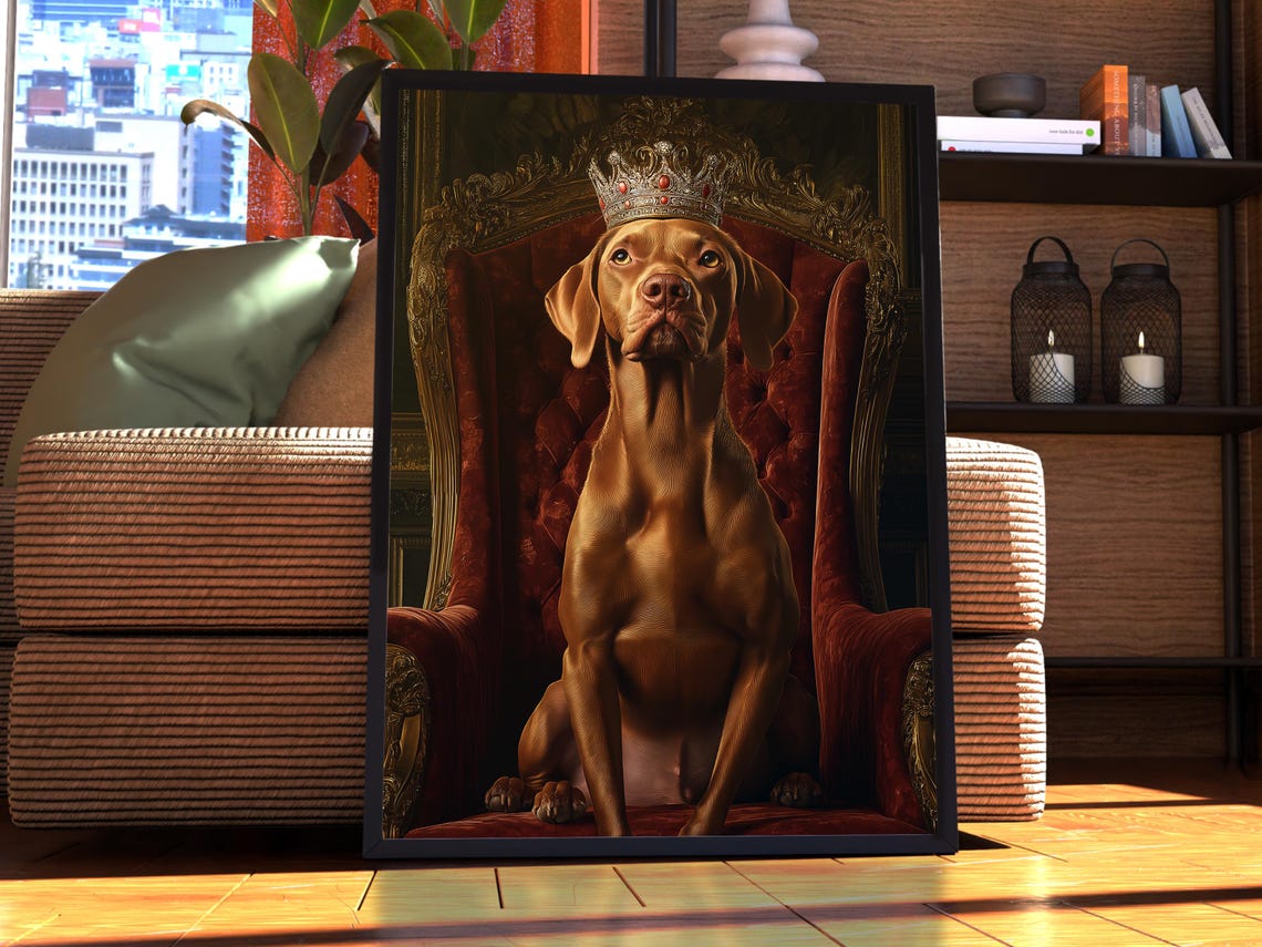 Vizsla Royal Portrait Crowned Dog on Throne Baroque Art Poster