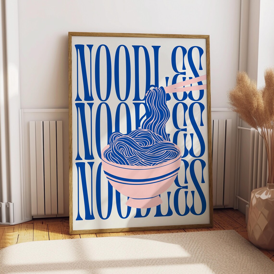 Noodles Typography Kitchen Poster Blue Pink Ramen Bowl Fun Food Art