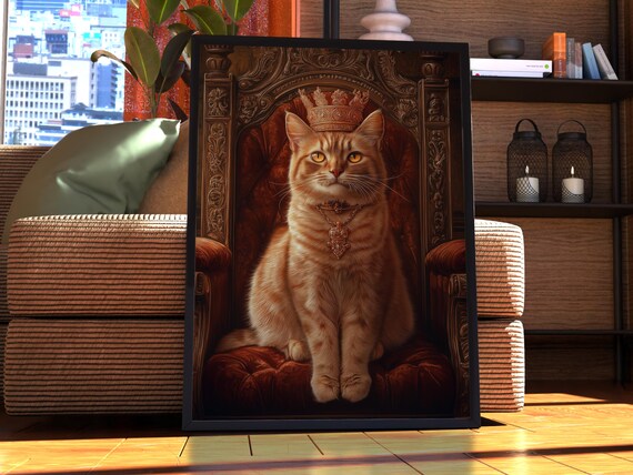 Ginger Manx Cat Royal Portrait Crown Velvet Throne Pet Art Poster