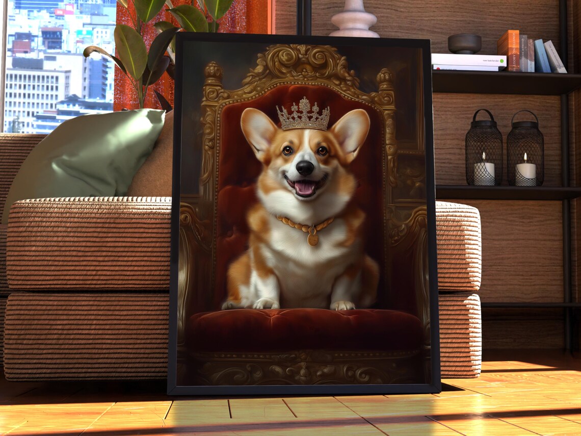 Corgi Royal Portrait Smiling Crowned King Velvet Throne Poster