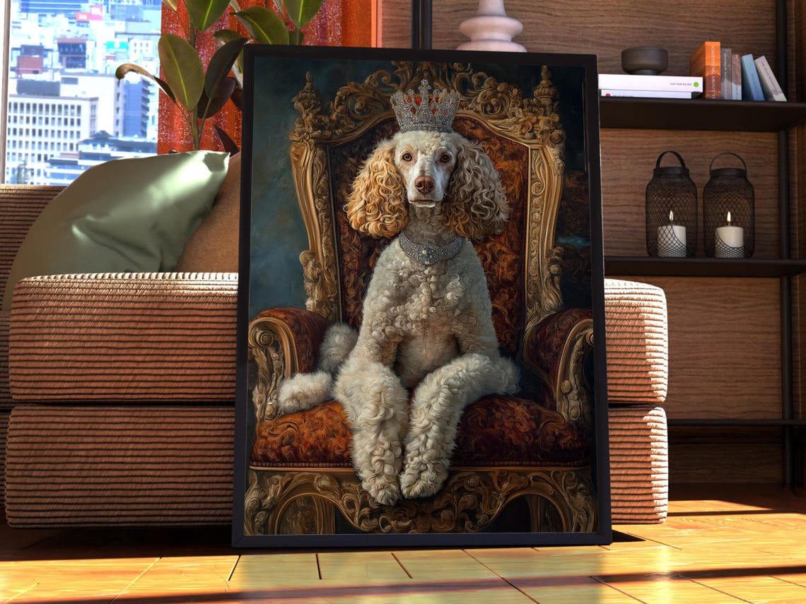 Crowned Poodle Dog on Golden Throne Funny Royal Dog Wall Art