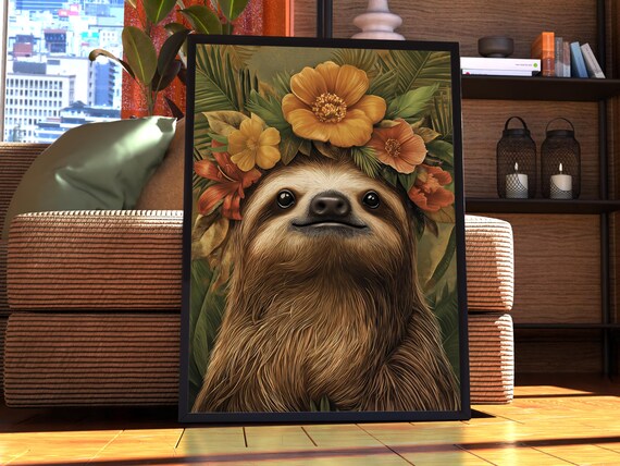 Maximalist Sloth Poster Floral Animal Print Wall Art Portrait Vintage Funky Colourful