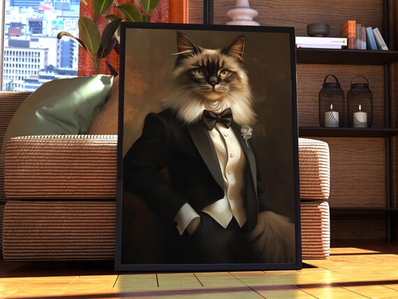 Ragdoll Cat Formal Suit Portrait Poster Tuxedo Bow Tie Elegant Pet Painting