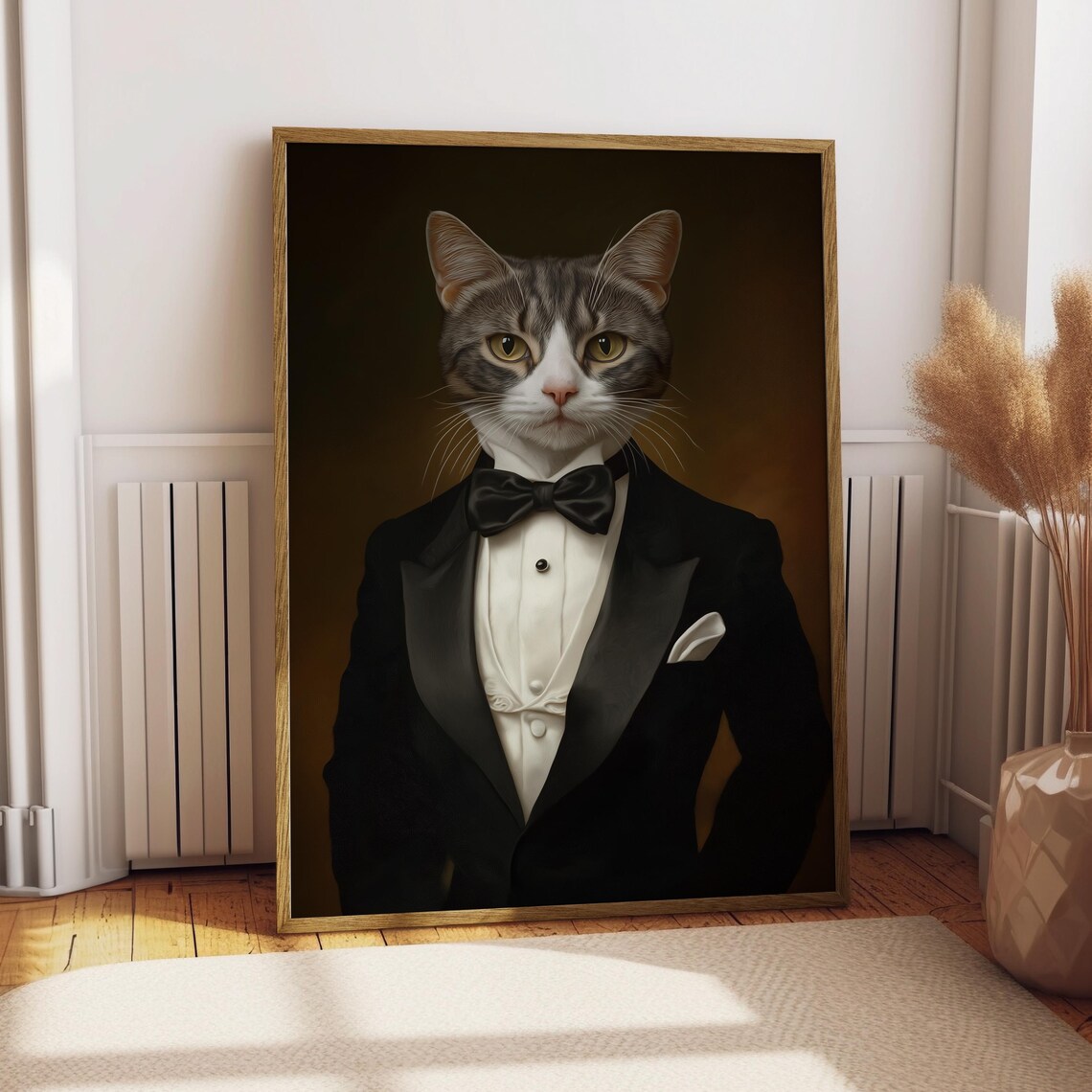 Grey Tabby Cat in Black Tuxedo and Bow Tie Dapper Pet Portrait Poster