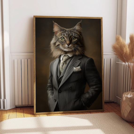 Maine Coon Cat Portrait Pinstripe Suit Gentleman Feline Art Poster