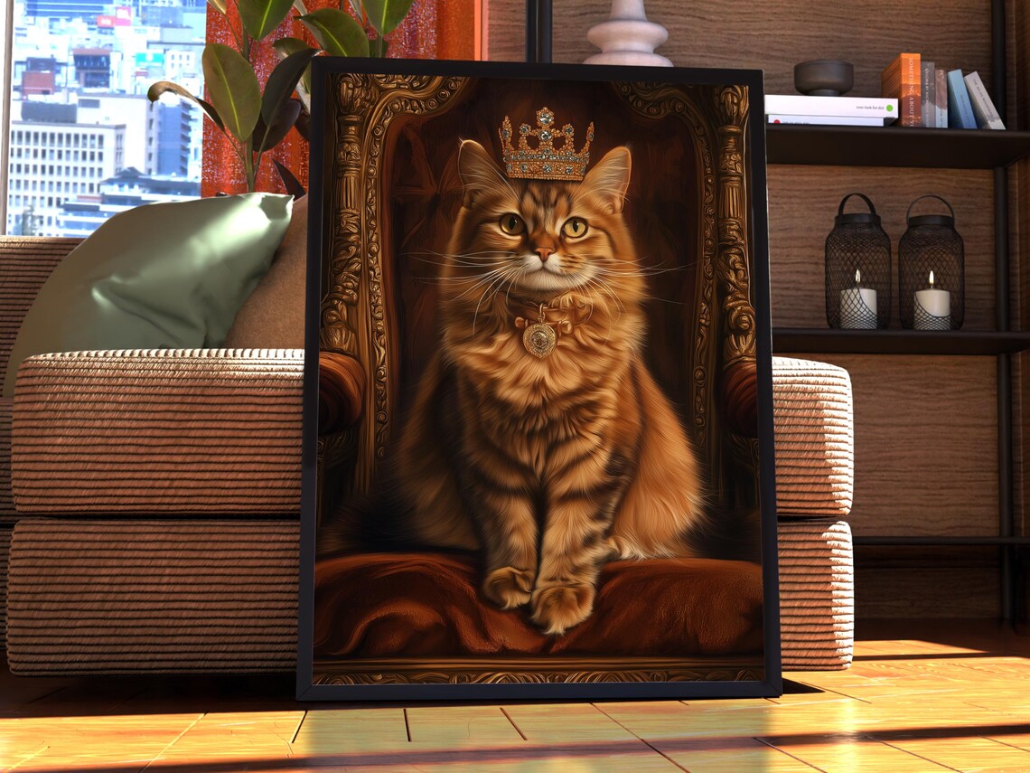 Majestic Crowned Somali Cat Royal Throne Portrait Pet Poster