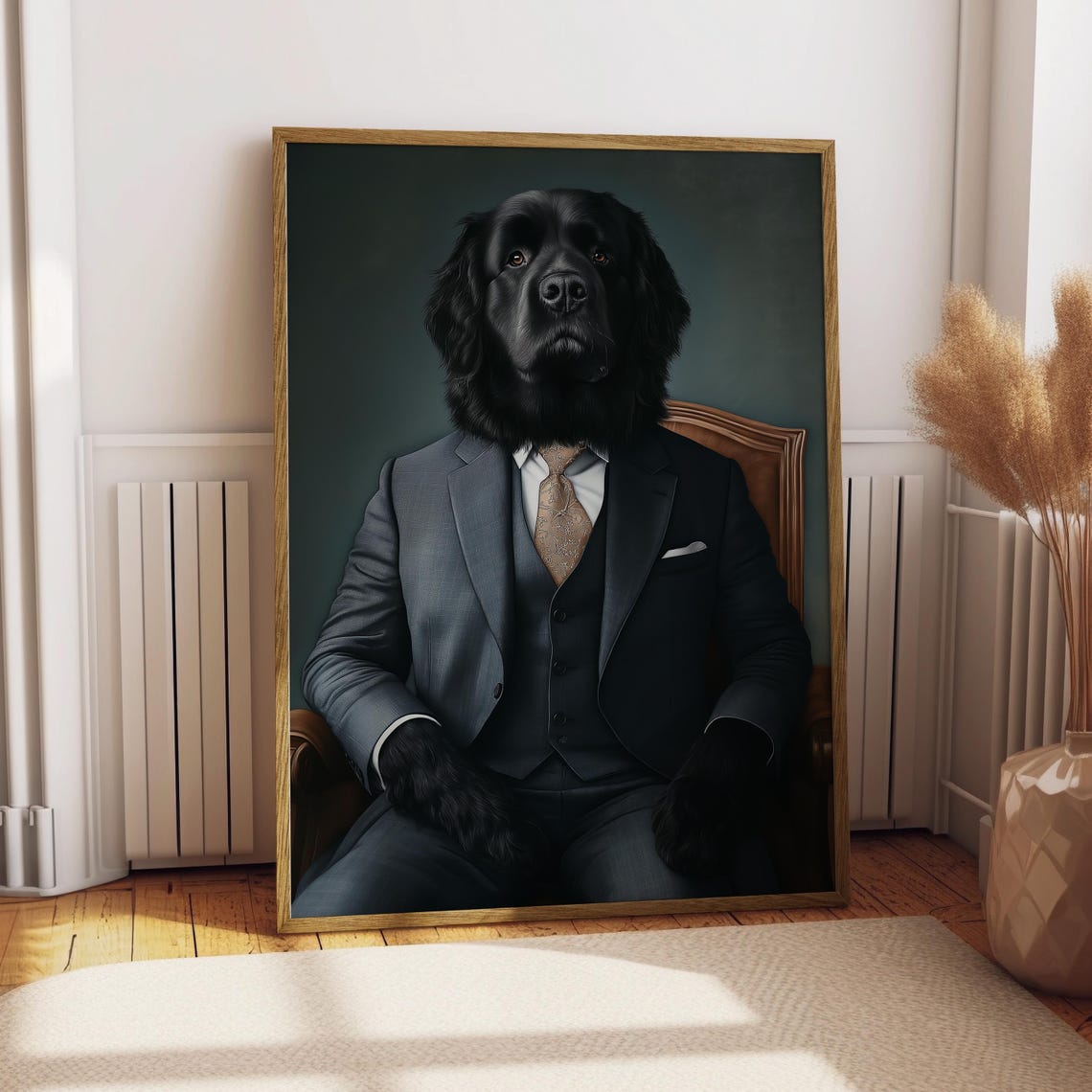 Black Newfoundland Dog in Suit Gold Tie Regal Portrait Poster