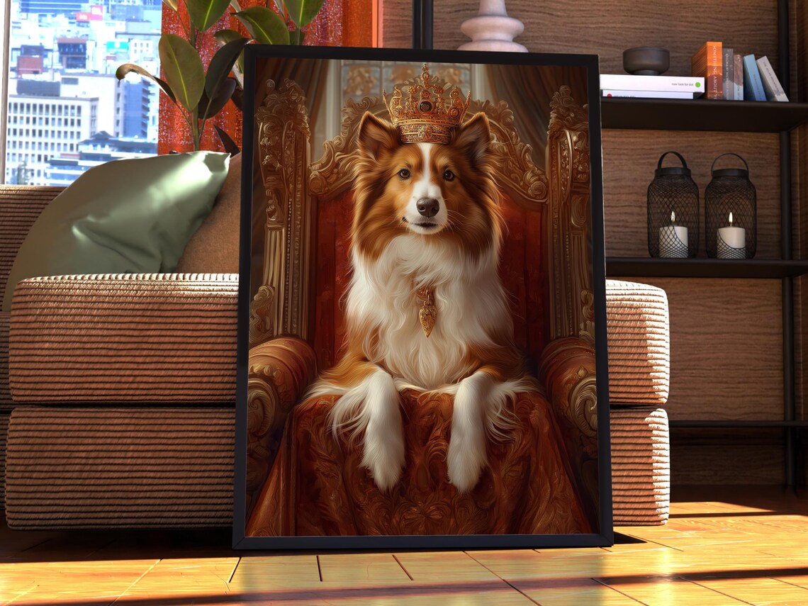 Collie Royal Portrait Crowned Dog King Golden Throne Art Poster