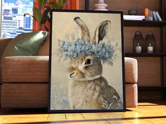 Maximalist Hare Poster Floral Animal Print Rabbit Wall Art Portrait Vintage Funky Colourful Pink