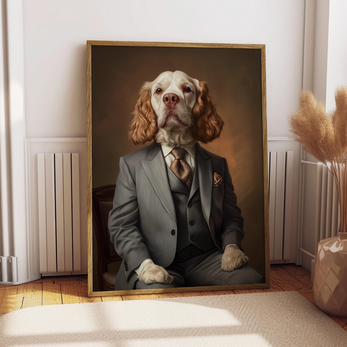 Gentleman Spaniel in Gray Suit Vest Funny Dog Portrait Poster