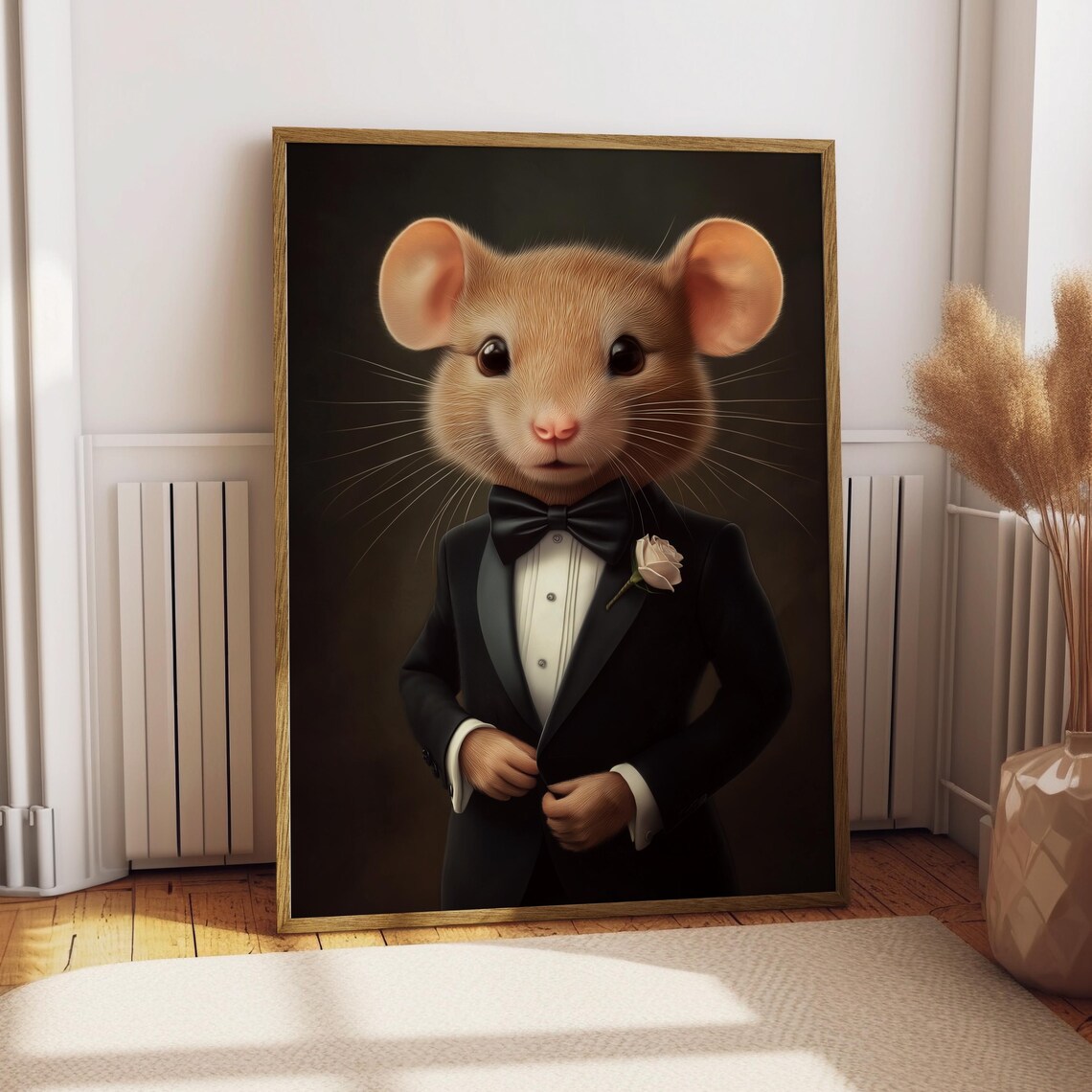 Dapper Mouse in a Black Tuxedo with Bow Tie and White Rose Oil Portrait Print