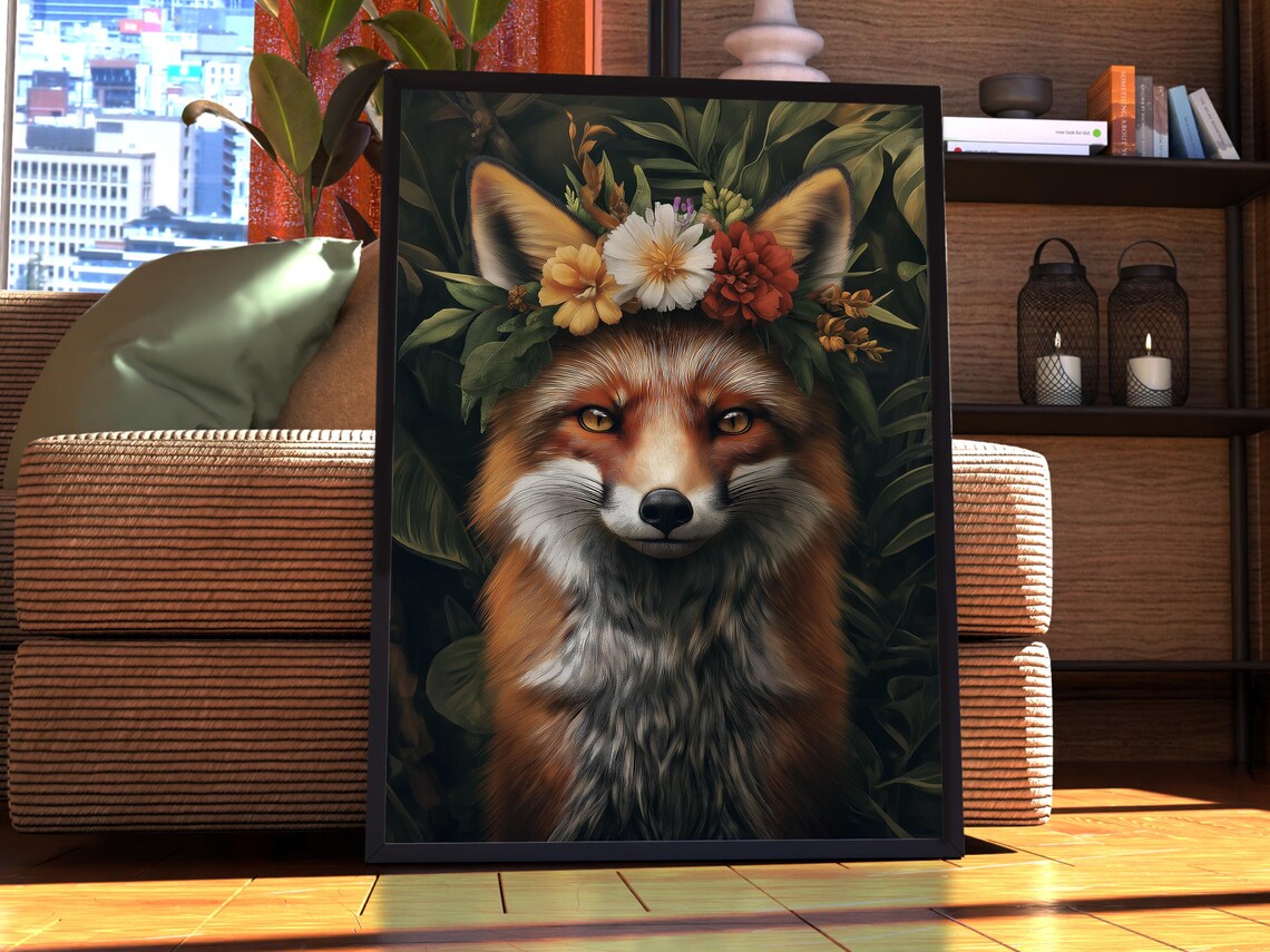 Beautiful Red Fox Wearing a Flower Crown Botanical Portrait Poster