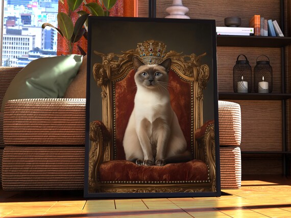 Elegant Crowned Siamese Cat Royal Throne Portrait Pet Poster