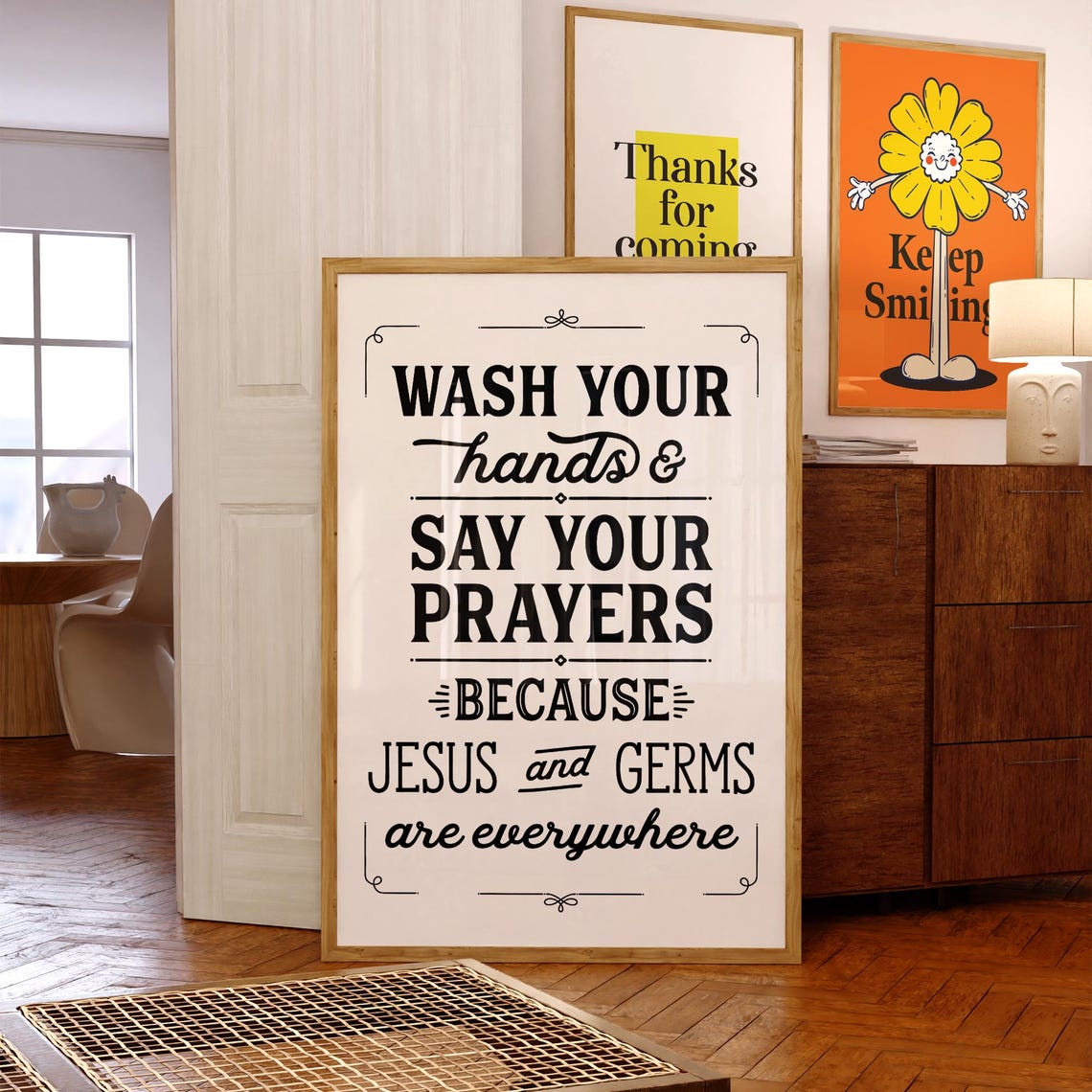 Wash Your Hands Say Your Prayers Funny Jesus Germs Quote Poster - Image 2