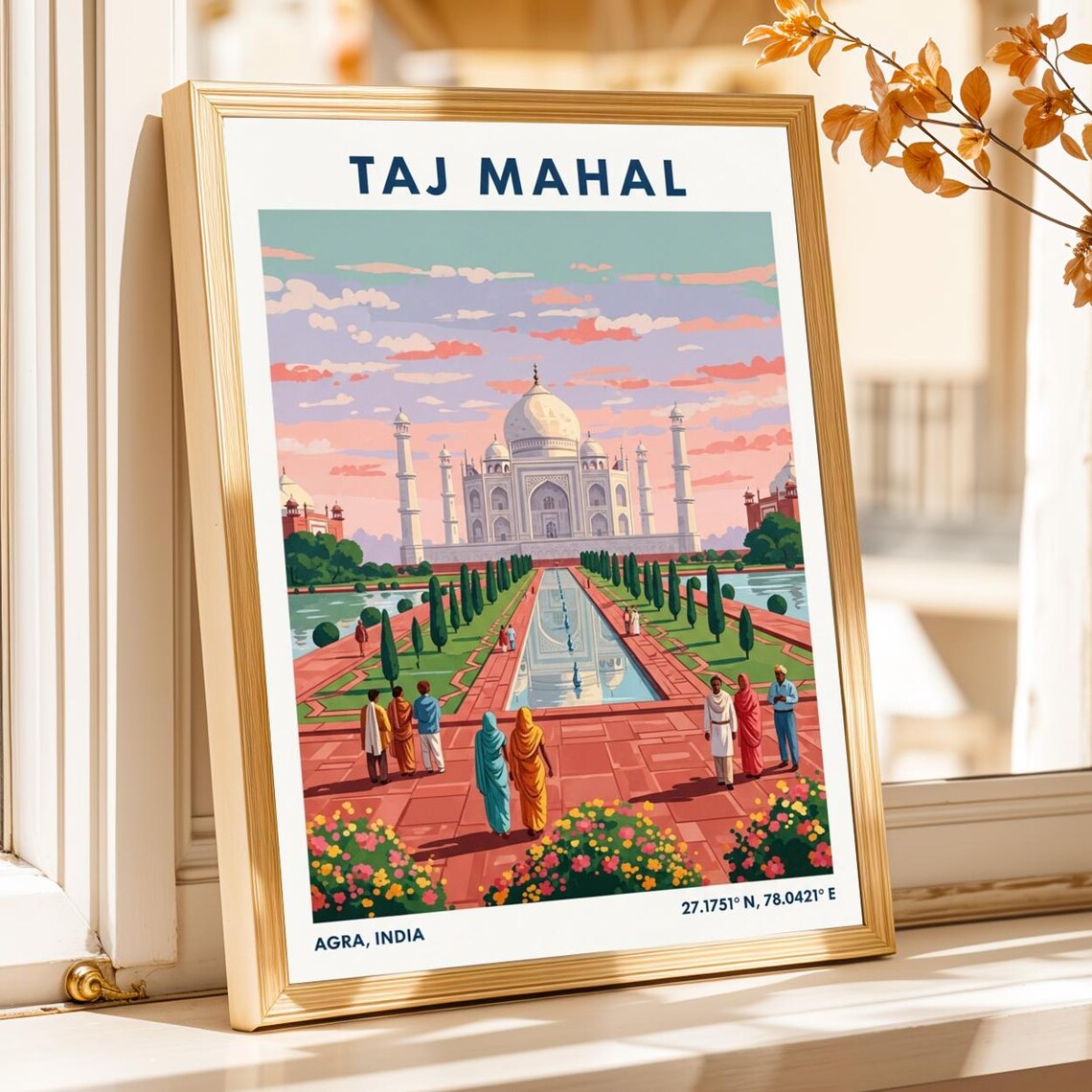 Taj Mahal Agra India Vintage Gouache Gardens Sunset Travel Poster