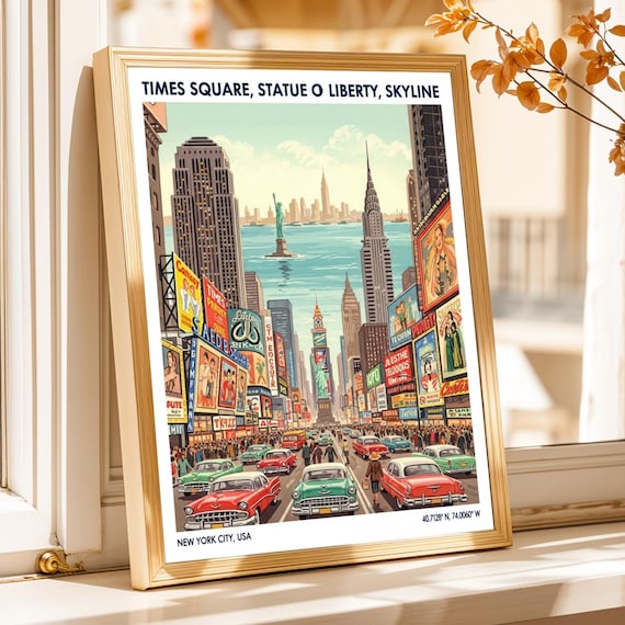 Vintage New York City Skyline Poster Retro Travel Art Print