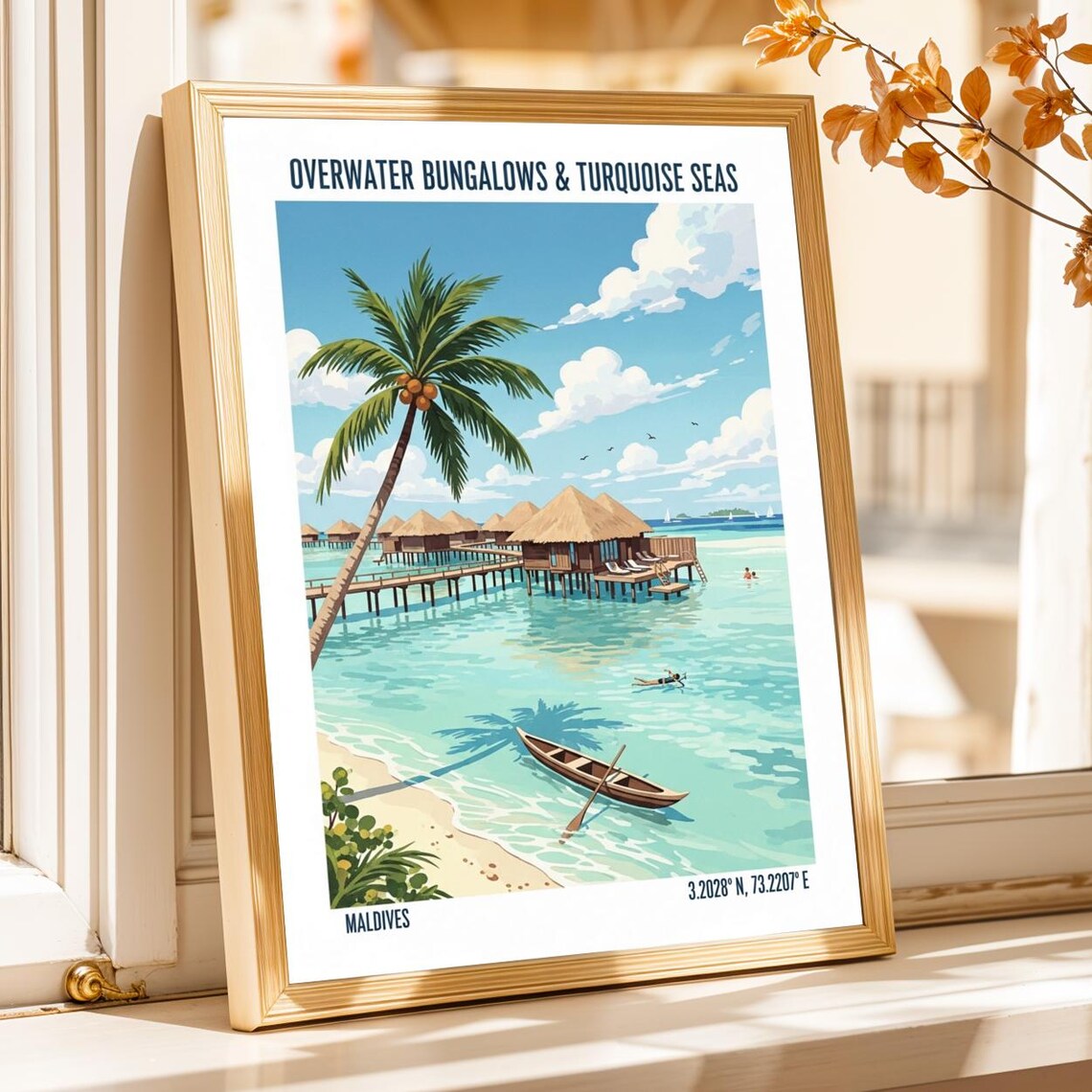 Maldives Overwater Bungalows Turquoise Sea Palm Retro Travel Poster