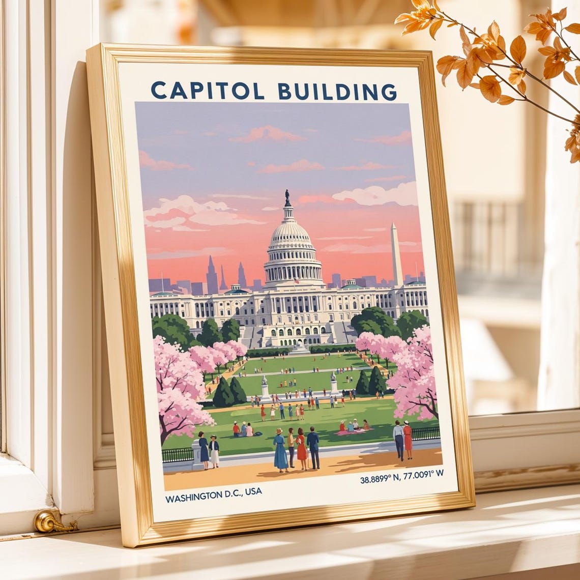 Capitol Building Washington DC Sunset Cherry Blossom Travel Poster