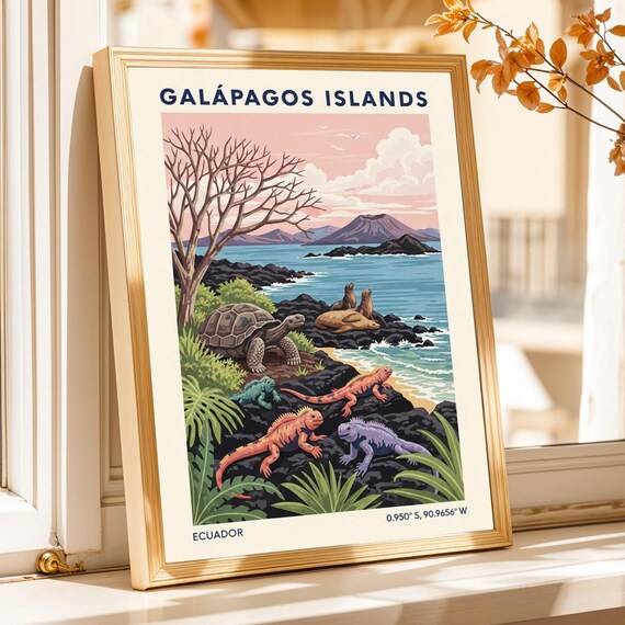 Galapagos Islands Giant Tortoise Iguanas Ecuador Wildlife Travel Poster