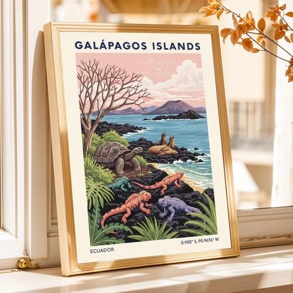 Galapagos Islands Wildlife Art Print Vintage Travel Poster