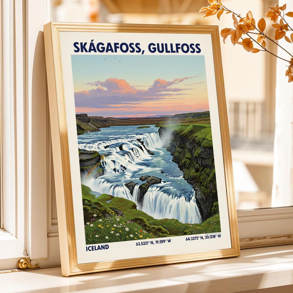 Skagafoss Gullfoss Iceland Waterfalls Sunset Vintage Travel Poster
