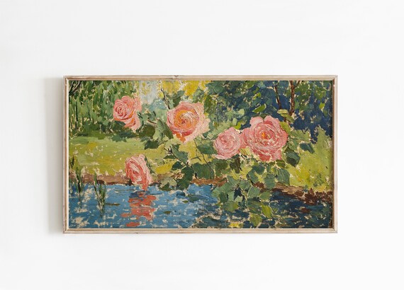 Pink Roses Over Water Vintage Textured Garden Oil Painting Poster