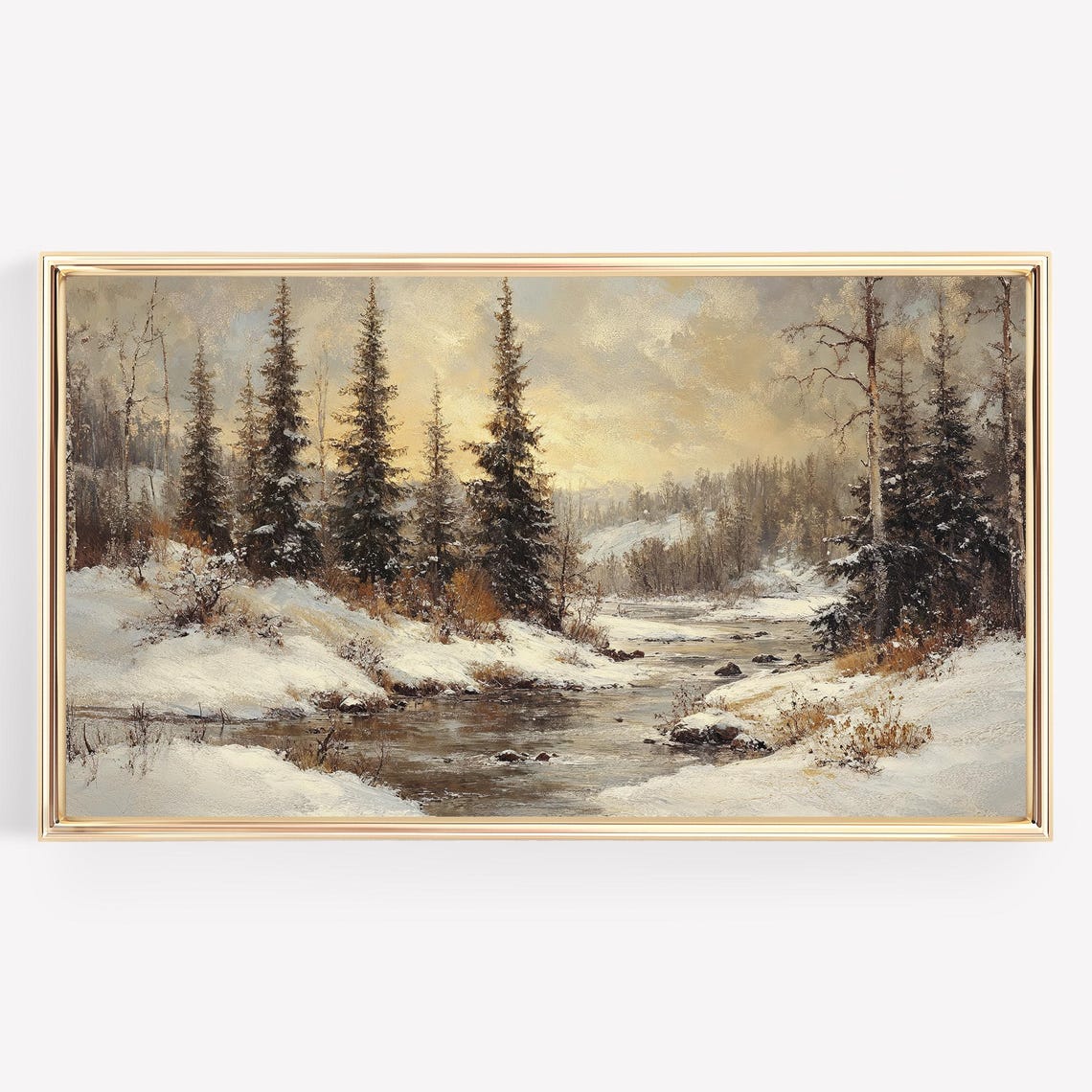 Winter Snowy Forest Stream Painting Golden Sky Tall Pines Poster