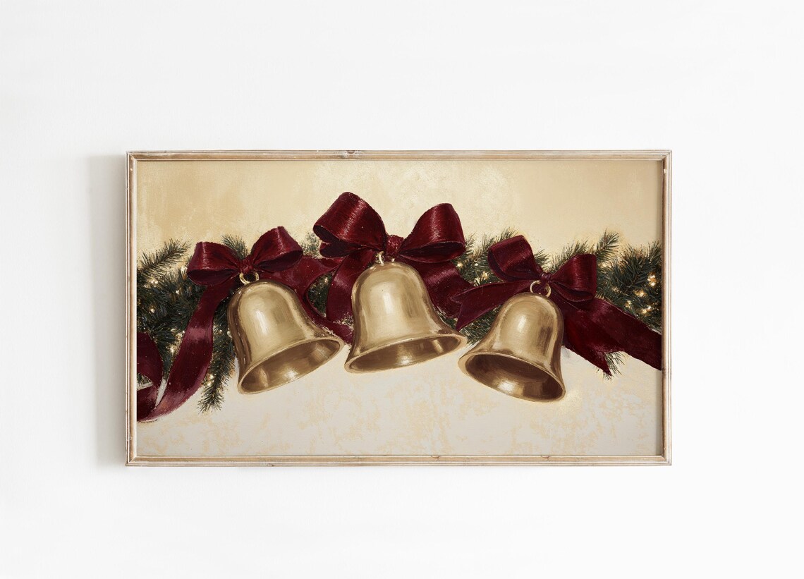 Christmas Bells and Bows Gold Burgundy Art Print - Image 4