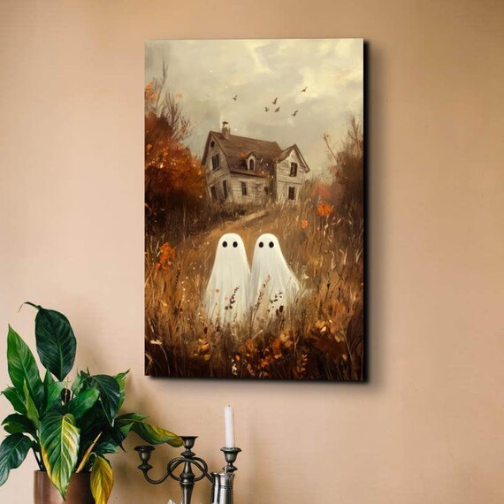 Two Ghost Friends Old House Golden Field Halloween Art Poster