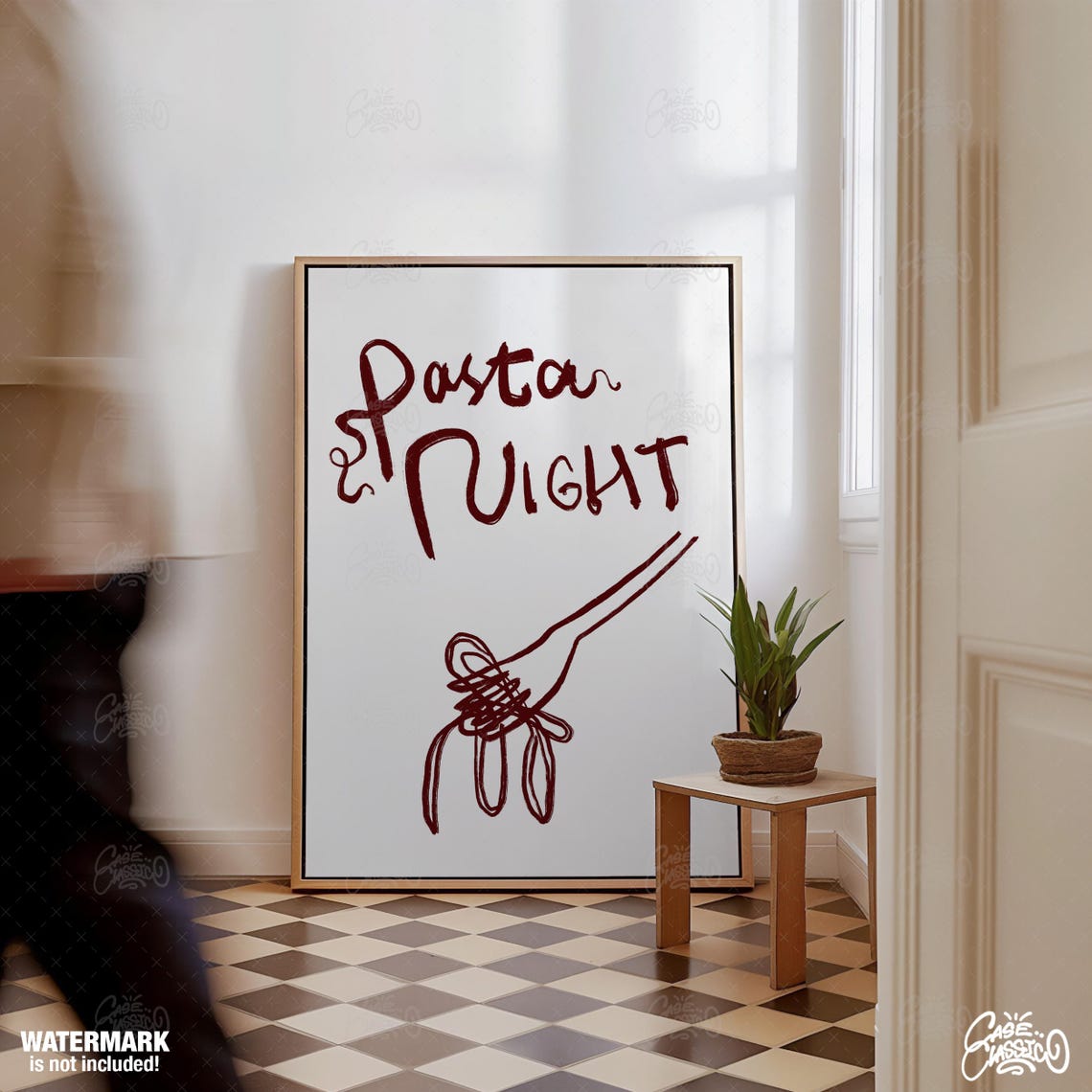 Charming Pasta Night Handwritten Wine Red Sketch Kitchen Poster - Image 2