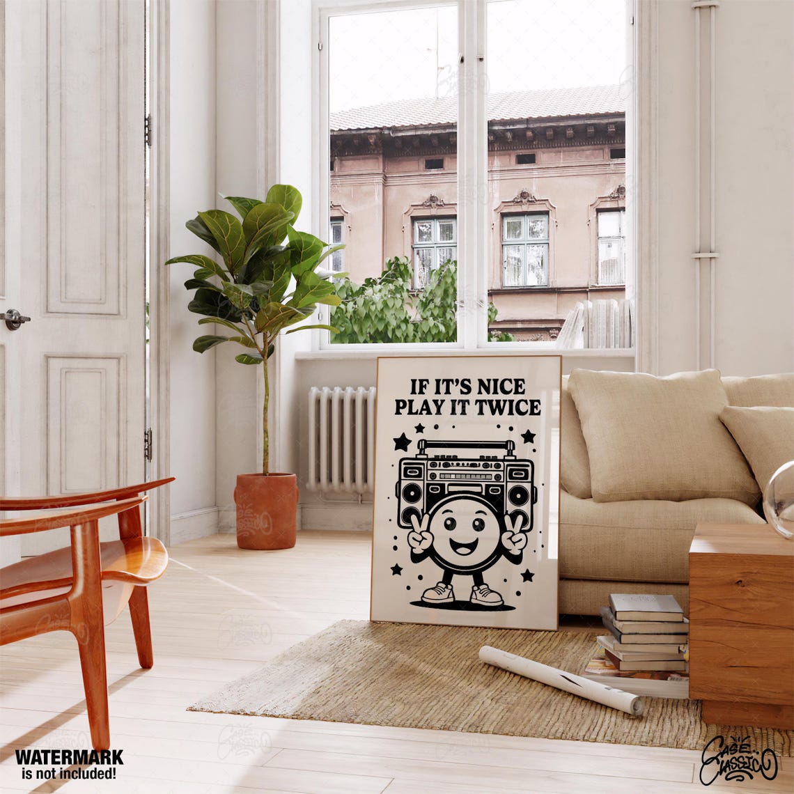 Bold Monochrome If It's Nice Play It Twice Boombox Music Poster - Image 3