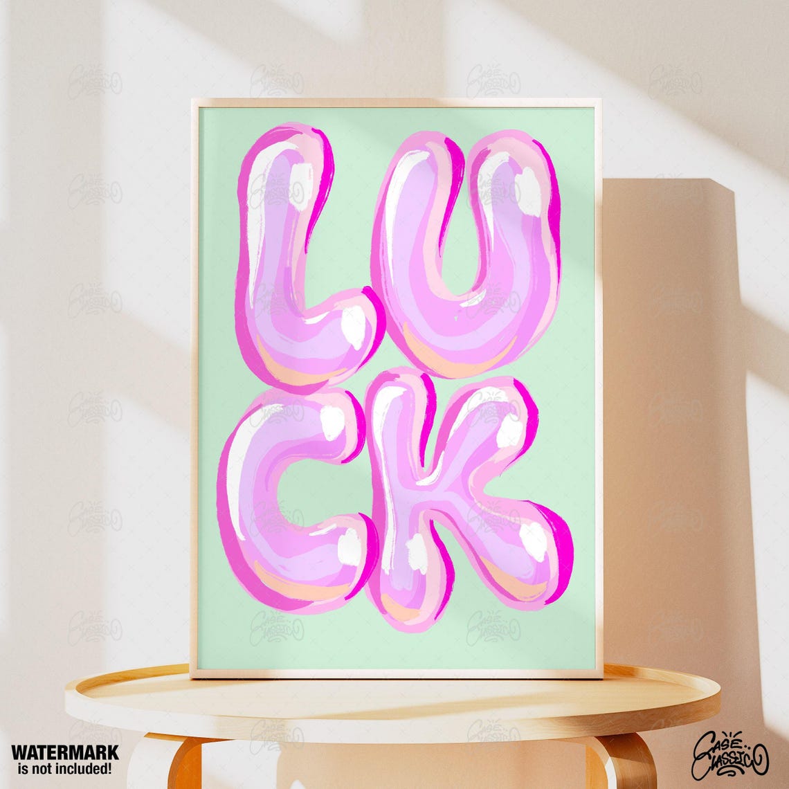 Luck Pink Shiny Bubble Letters Mint Green Graphic Typography Poster