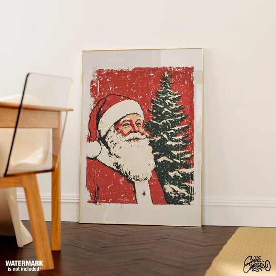 Vintage Santa Claus Close Up Portrait Red Textured Holiday Wall Art