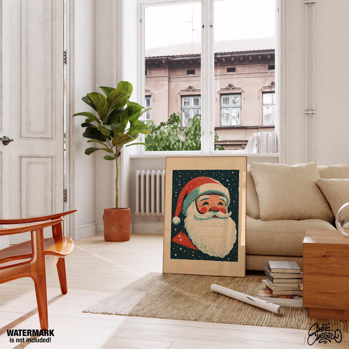 Retro Santa Claus Face Navy Background Vintage Christmas Poster